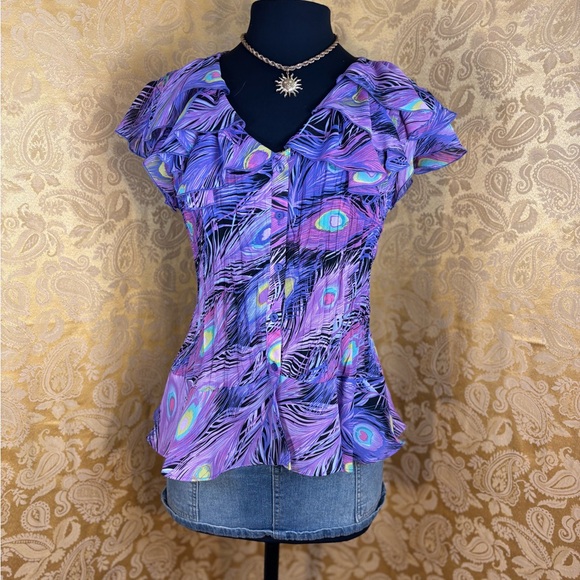 ✨Vintage Y2K Boho Rainbow Peacock Feather Pleated Ruffle Blouse✨ - Picture 6 of 7